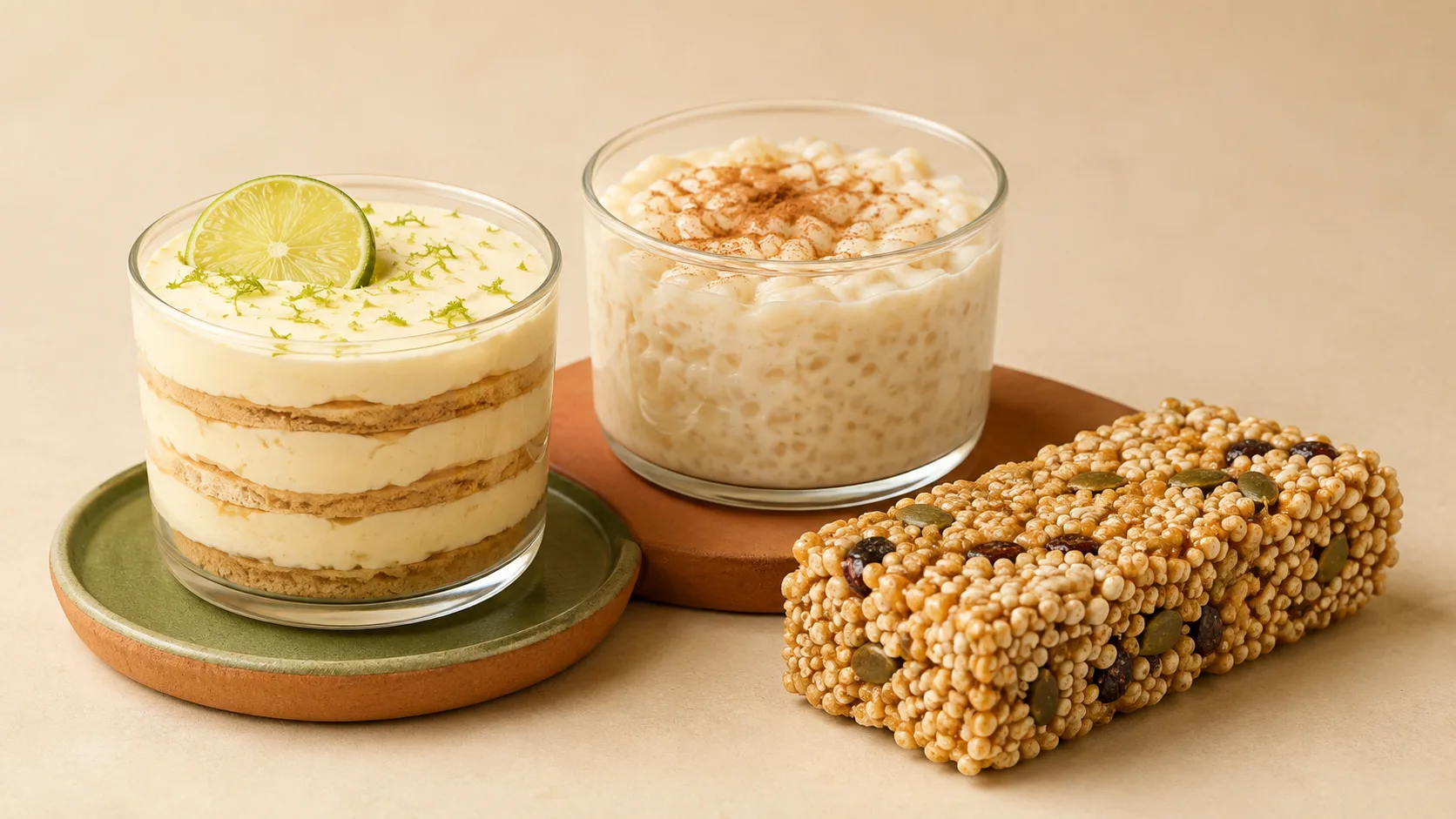 Conceito de Carlota de Limón, Arroz con Leche e Alegría de Amaranto apresentados juntos.