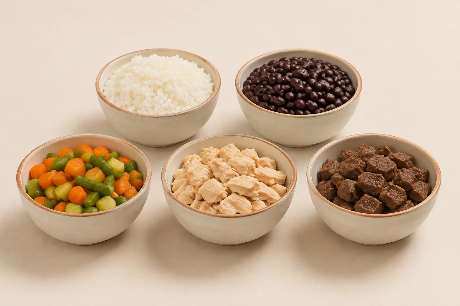 Conceito de cinco cumbucas: arroz, feijão, vegetais, frango e carne.
