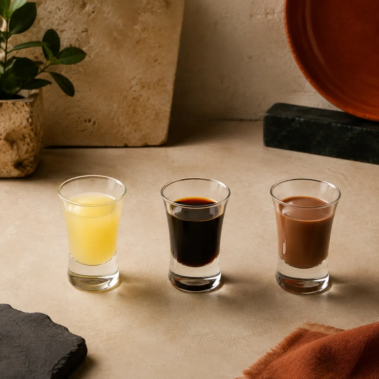 Conceito de três licores em pequenos copos: limoncello, café e chocolate. Bebidas alcoólicas, 18+.