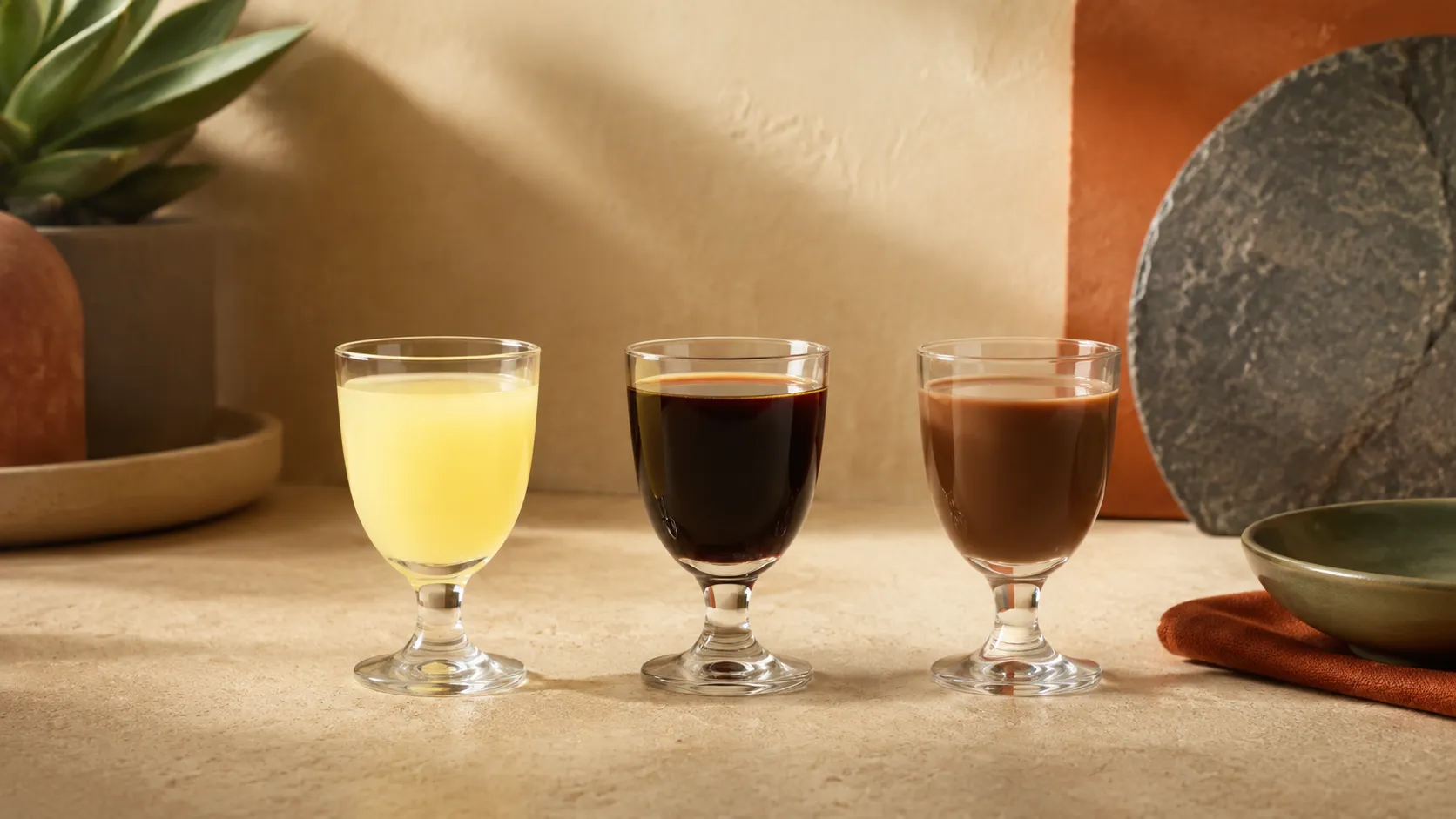 Conceito de três licores em pequenos copos: limoncello, café e chocolate. Bebidas alcoólicas, 18+.