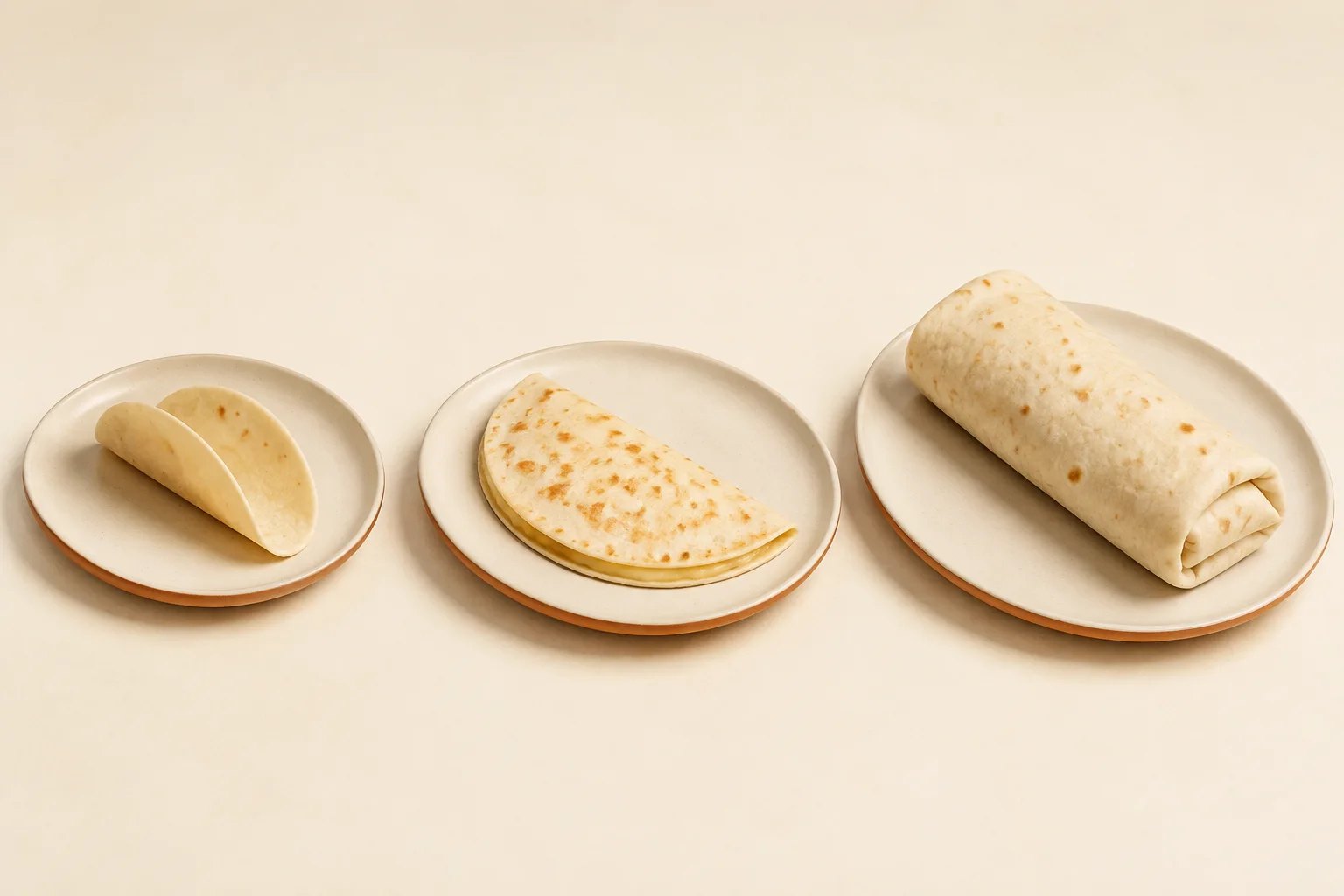 Conceito de taco, quesadilla com queijo e burrito, em três pratos claros.